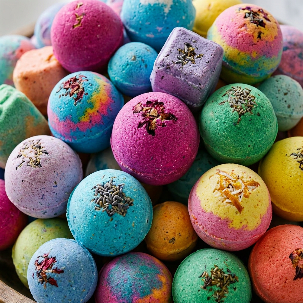 Wooden bowl with colorful round and square bath bombs on marble countertop